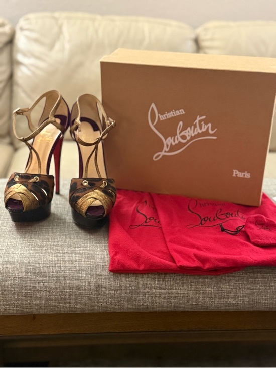 Christian Louboutin Shoes - Christian Louboutin Gold and Black T-Strap Platform Heels